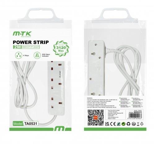 2 Meter 4 Gang UK Extension cord and socket with neon, 13 Amp, B04N, White