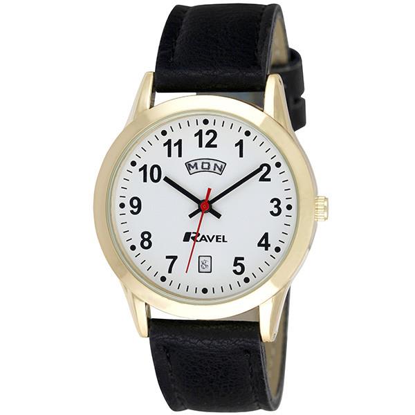 Ravel Mens Gilt Day/Date  Faux Leather Strap Watch + Ravel Womens Gilt Day/Date  Faux Leather Strap Watch R0706.19.1+R0706.19.2