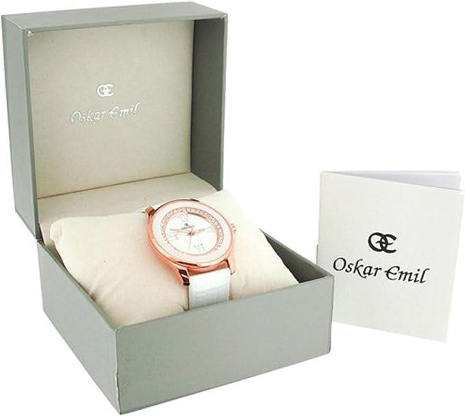 Oskar Emil Ladies Ruby White Bling Silver Dial with White Leather Strap Watch CLEARANCE - NEEDS RE-BATTERY