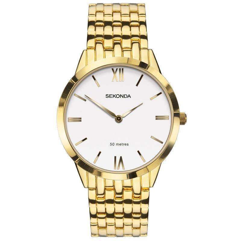 Sekonda Mens Fashion White Dial Gold Plated Bracelet Watch 1610