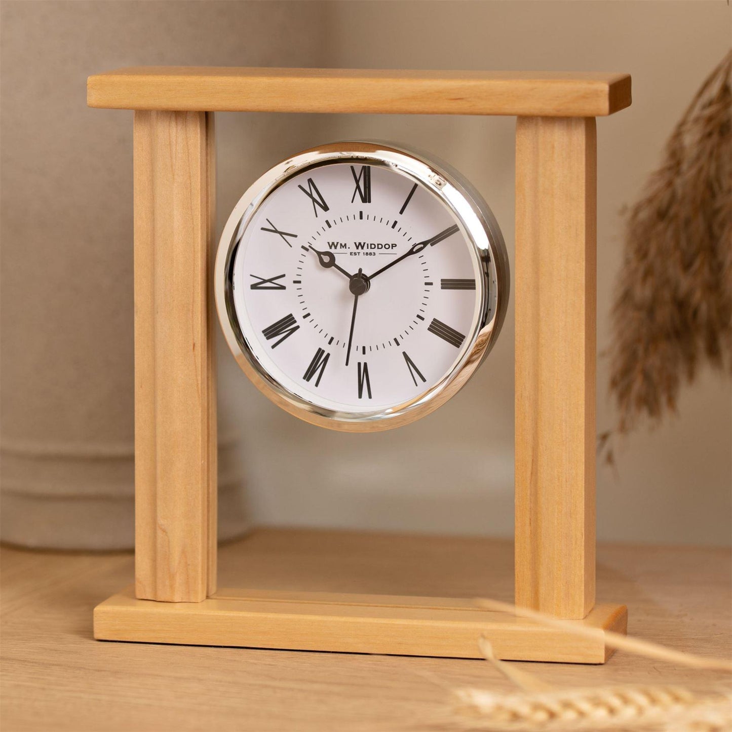 Wm.Widdop Wood & Glass Mantel Clock Roman Dial Silver Bezel W2771