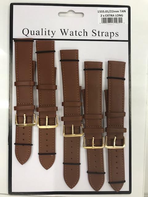1555.02 2X EXTRA LONG BROWN LEATHER WATCH STRAPS PK5 AVAILABLE SIZES 18MM - 22MM
