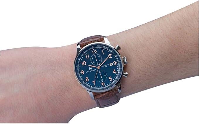 Accurist Mens Dated Chronograph Blue Dial Brown Leather Strap watch 7196