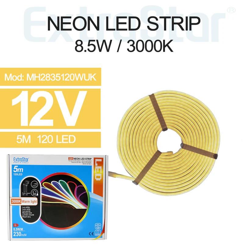 Extrastar Neon LED Strip 5M Cable with Power Adapter, 8.5W/M, Warm Light 3000K(AMH2835120WUK