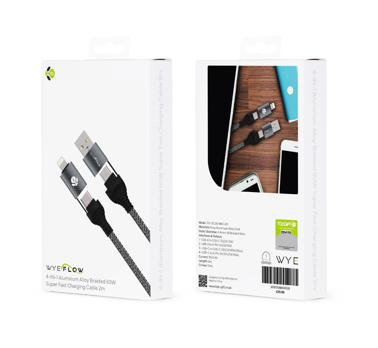 WYEFLOW 4 in 1 Aluminium Alloy Braided 60w Fast Charging Cable