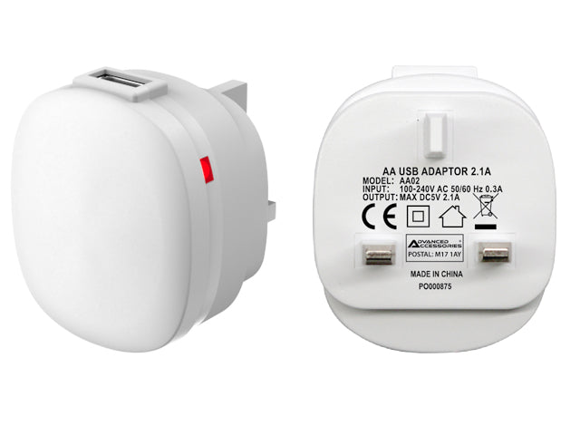 Advanced Accessories Charge-iT Premium USB Mains Charger Adapter 2.1Amp-white