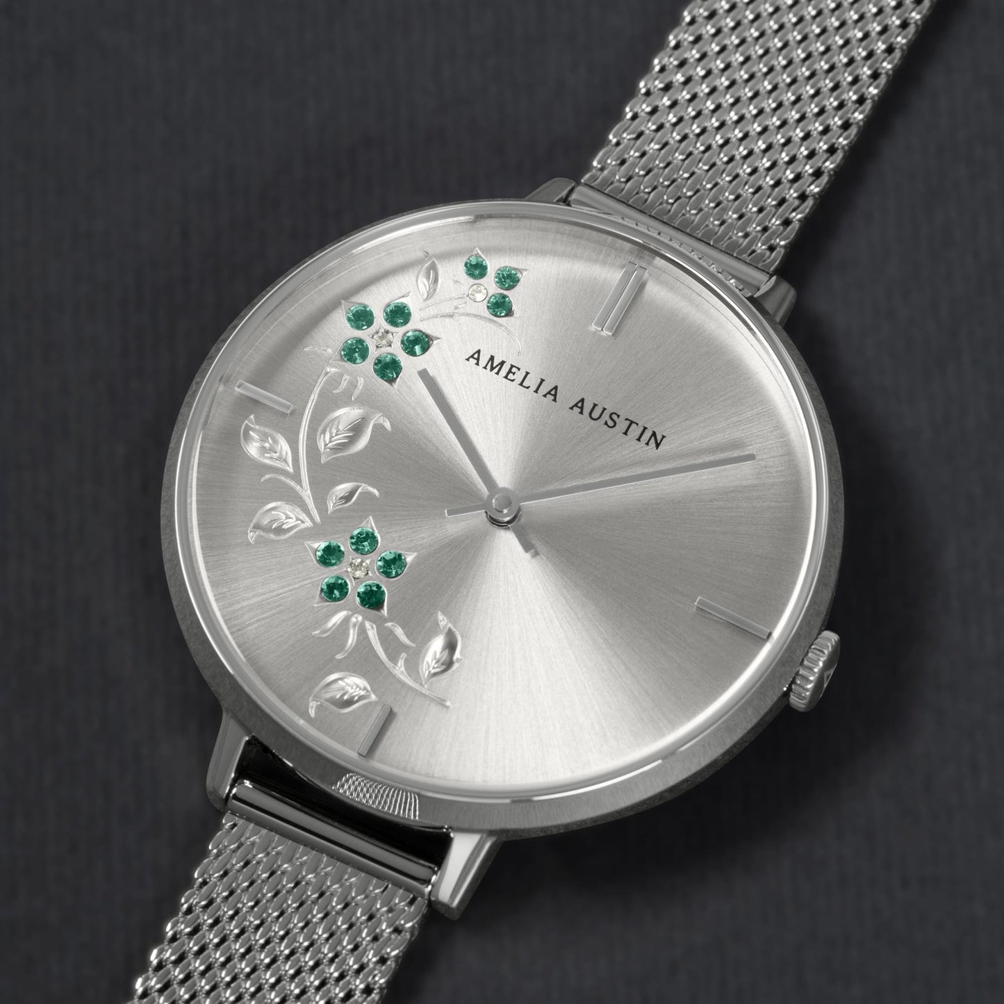 Amelia Austin Ladies Floral Silver Stainless Steel Mesh Green Stone Set Etched Dial Watch AA4003