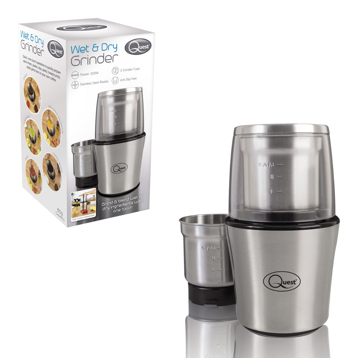 Quest Compact Stainless Steel Electric Grinder, 80g, 200W, 20 x 12 x 12cm 34170