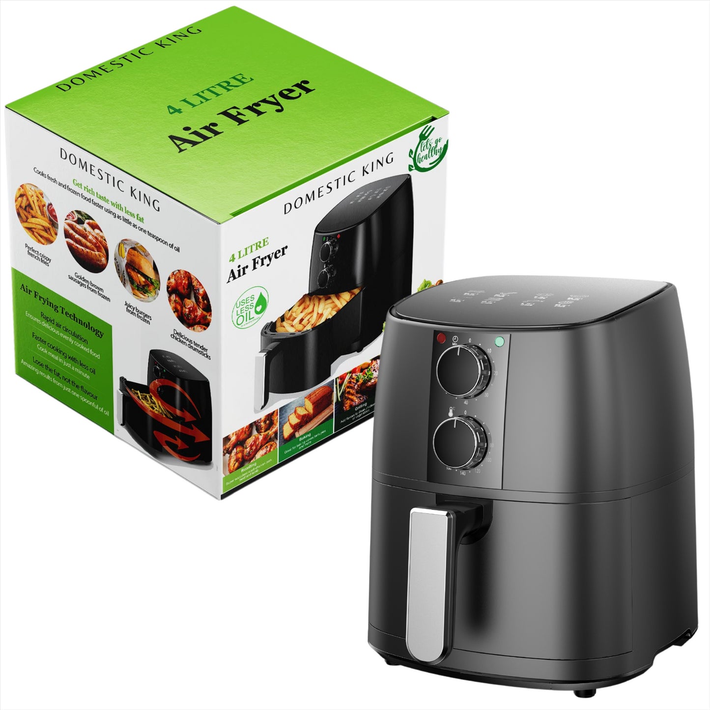 Domestic King 4L Air Fryer With Recipe Book, Timer & Temperature Control Black- DK18056