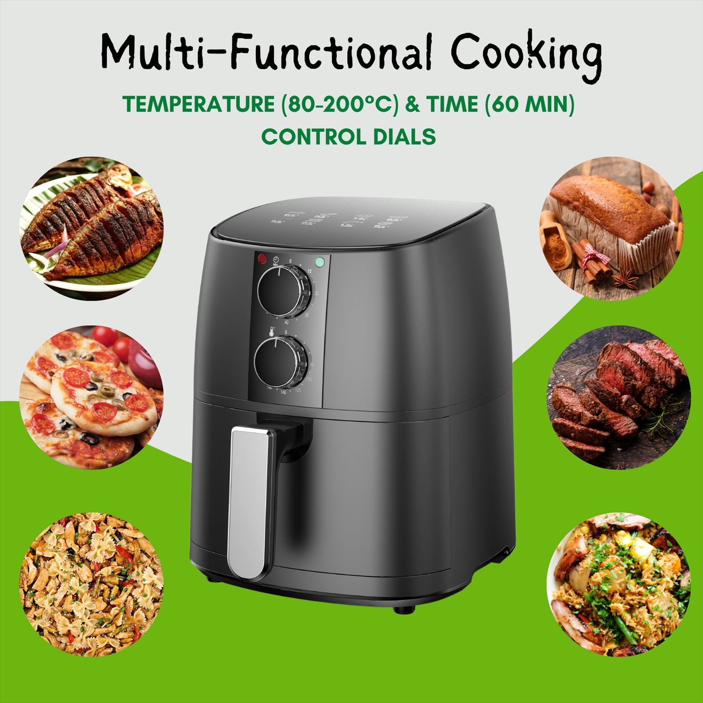 Domestic King 4L Air Fryer With Recipe Book, Timer & Temperature Control Black- DK18056