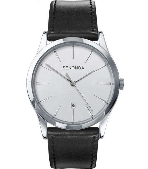 Sekonda Mens Black Leather & Silver White Date Watch 3531