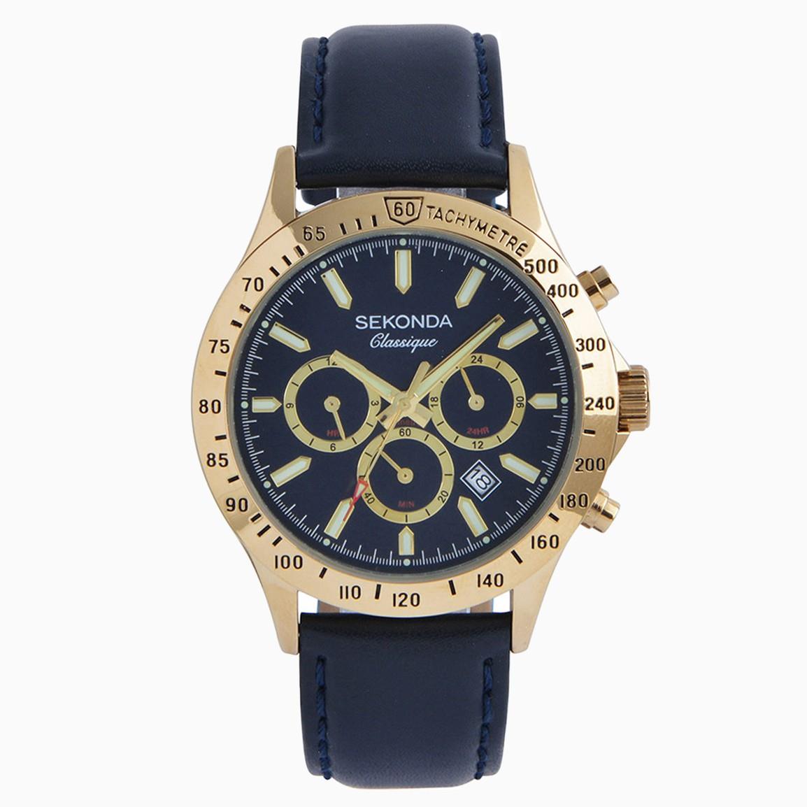 Sekonda Men's Dual Time Watch Gold Case Blue Leather Strap with