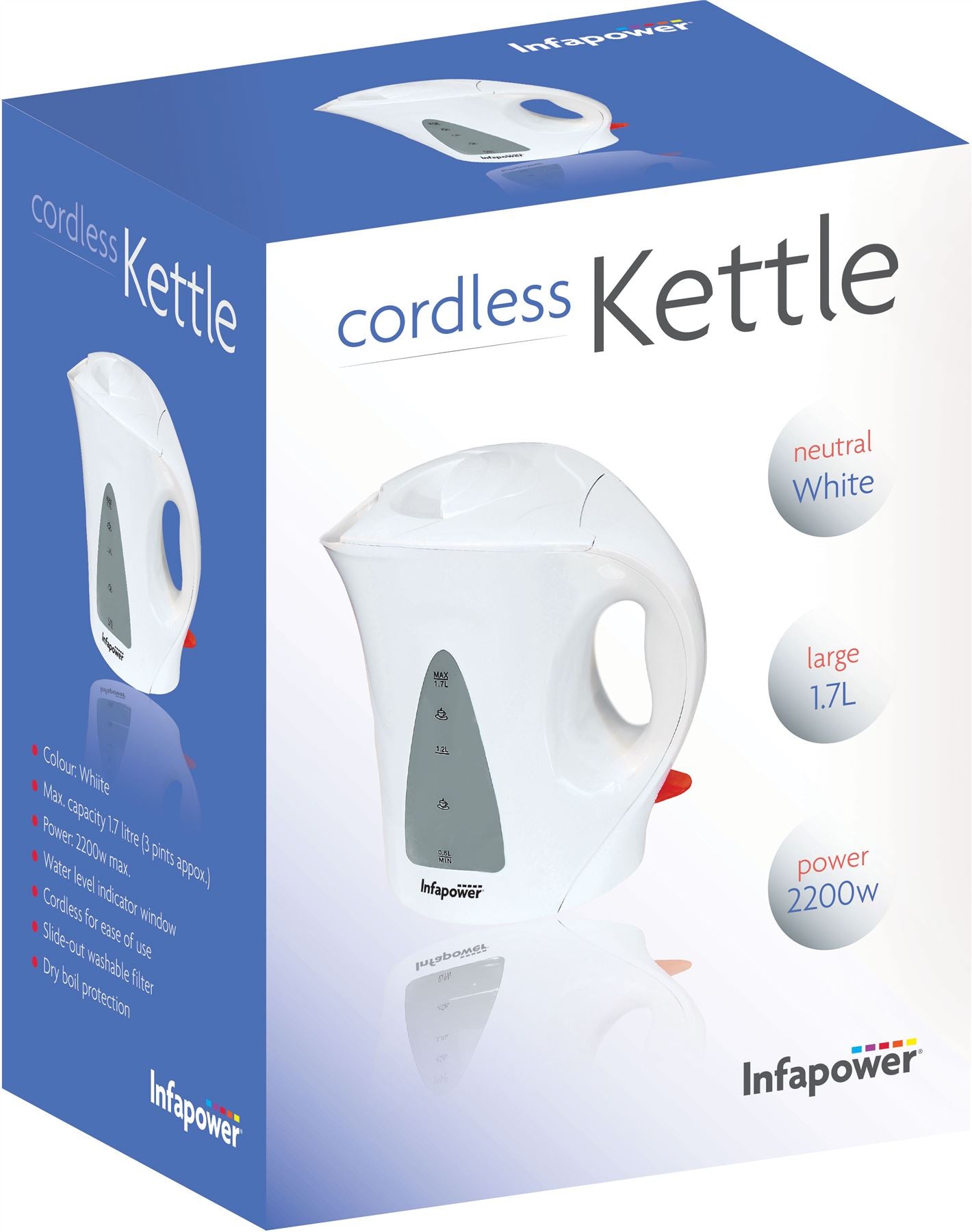 Infapower 2200w 1.7L Cordless Kettle White