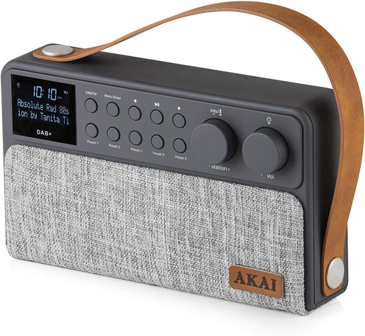 Akai Portable Rechargeable FM/DAB Radio with Bluetooth, Large LCD Display, 6 W Speaker - Grey A61028