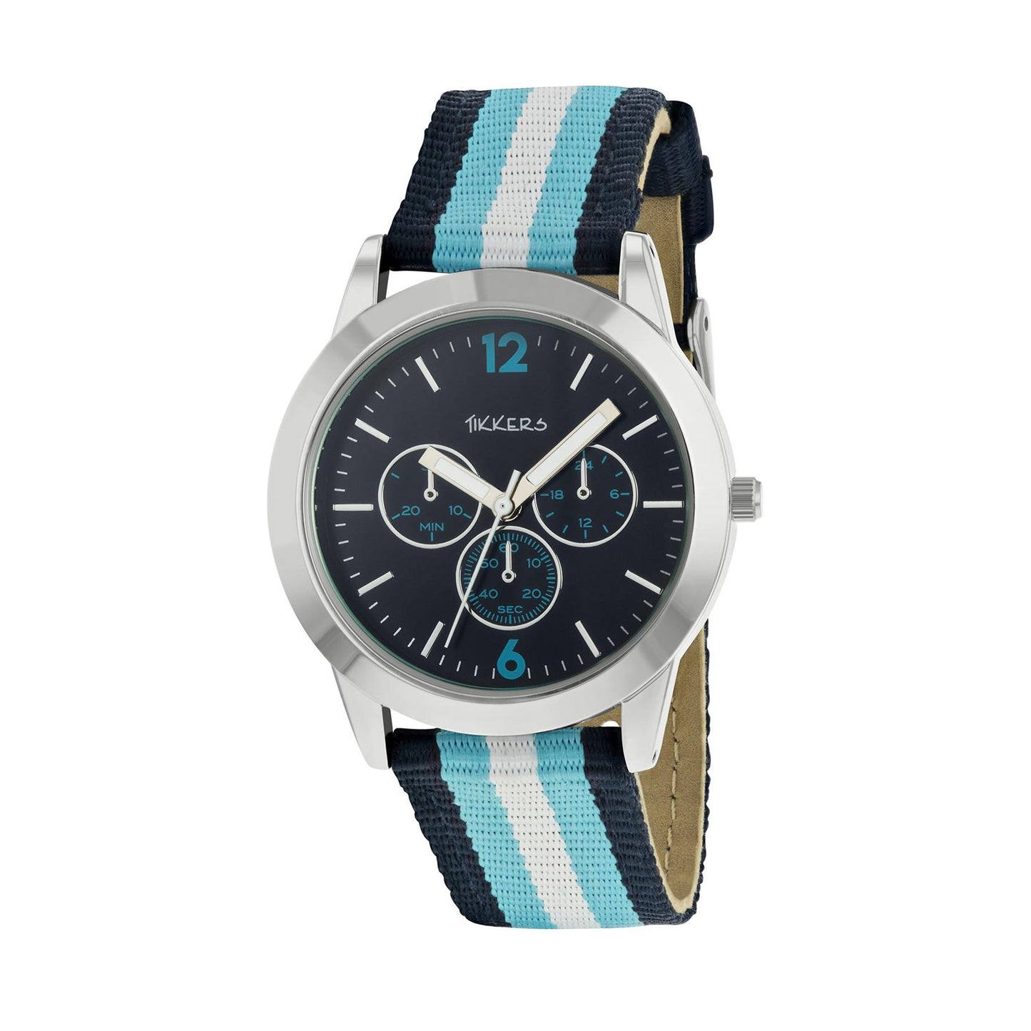 Tikkers Childrens Quartz Stainless Steel Blue & White Stripe Nylon Strap Watch TK0192