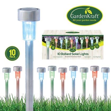 Garden Kraft 10pk S/S Bollard Solar Lights-colour (Carton of 12)