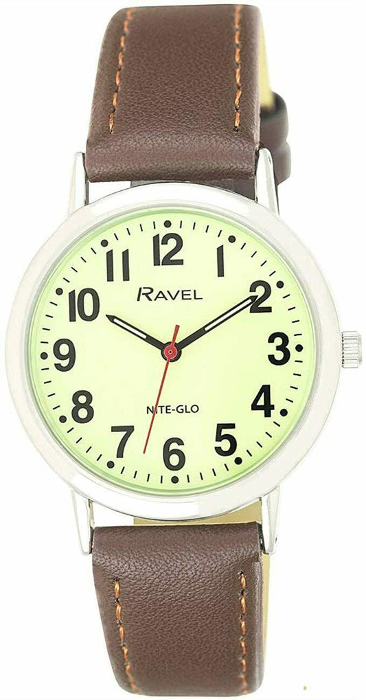 Ravel Mens Basic Glow in The Dark Luminous Dial Watch - Brown