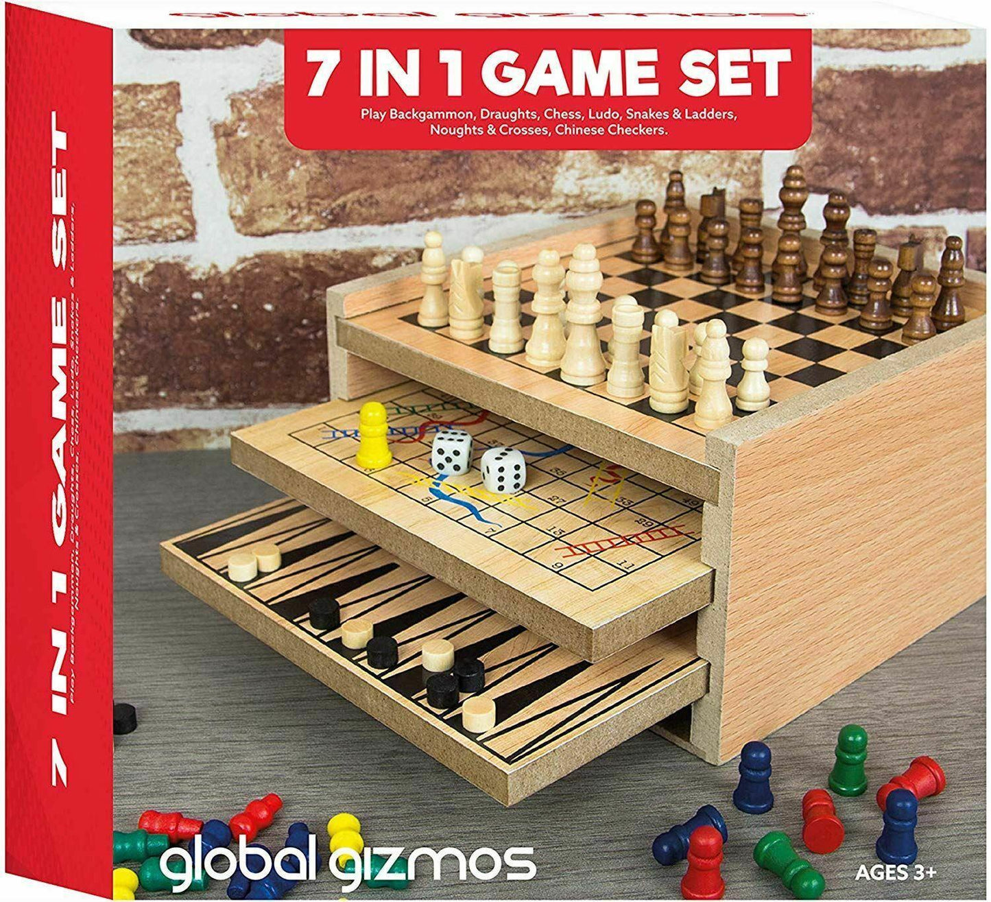 Global Gizmos 7 in 1 Wooden Game Set