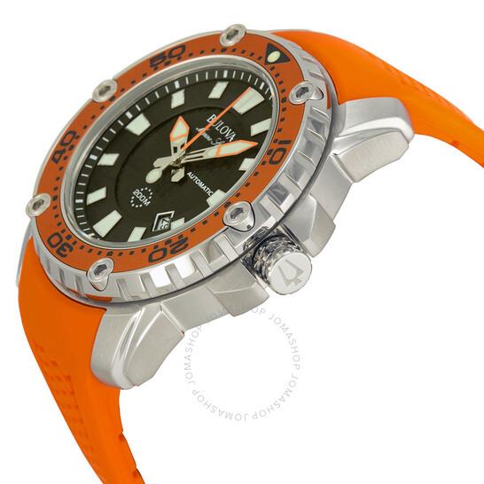 Bulova Marine Star Automatic Black Dial Orange Rubber Mens Watch 98b207