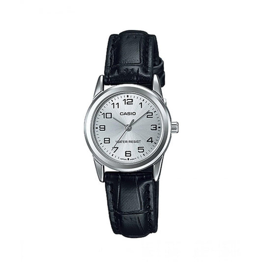 Casio Ladies Silver Dial Black Leather Strap Watch Ltp-v001l-7budf