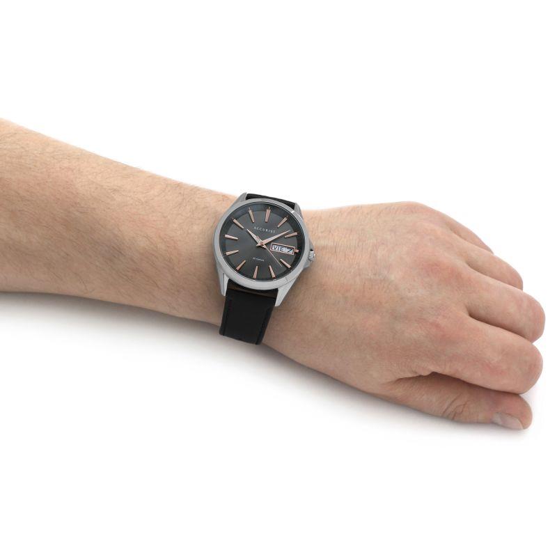 Accurist Mens Day/date Black Dial With Leather Strap Watch 7333