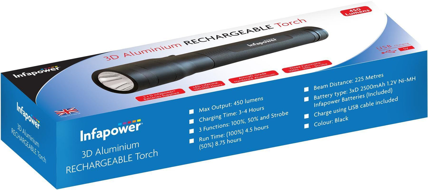 Infapower 3xD Aluminium Rechargeable torch 450 Lumens USB Charging