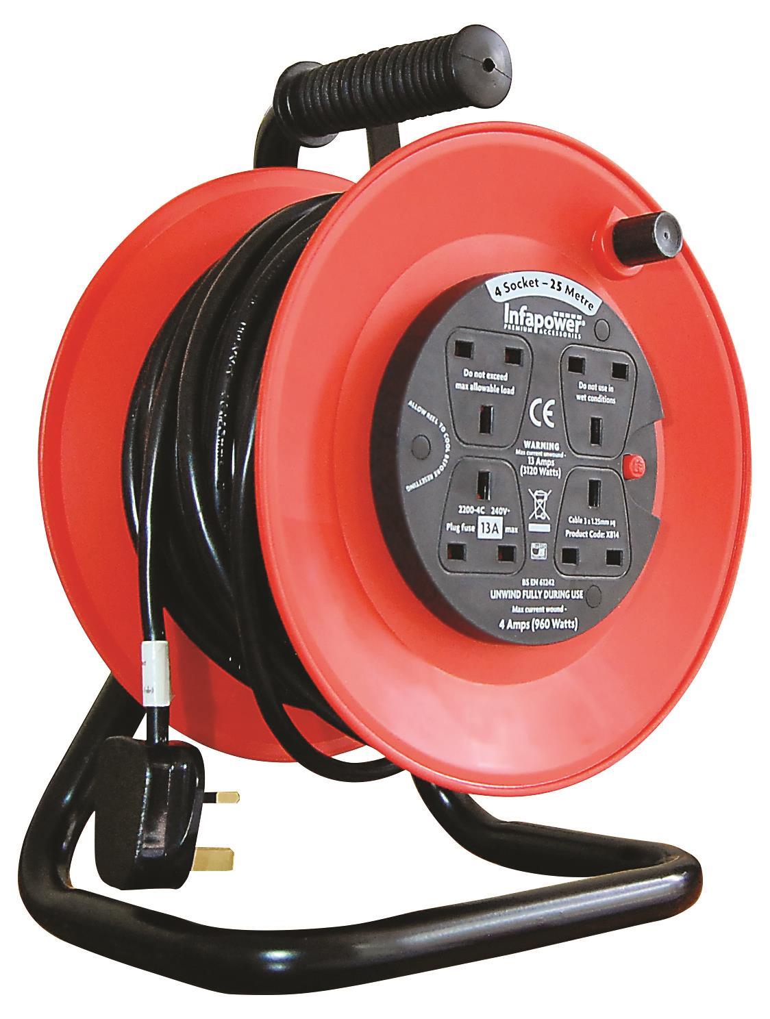 Infapower 4 Socket 25 Meter Extension Reel