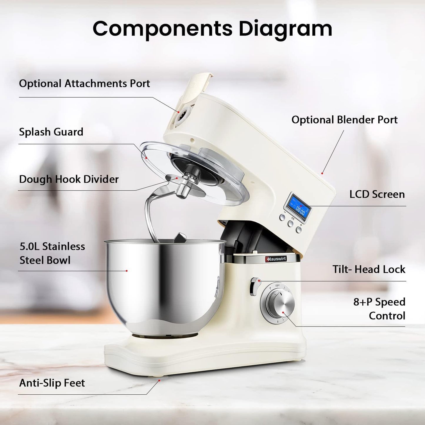 Hauswirt Digital LCD 5L Stand Mixer- Beige