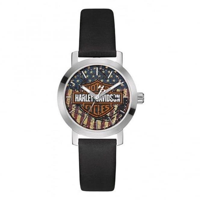 Harley-davidson Ladies Stars And Stripes Black Leather Strap Wristwatch 76l174