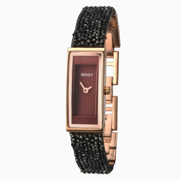 Seksy Rocks Ladies Bling Watch Rose Gold Case & Leather Bracelet With Red Dial 2576