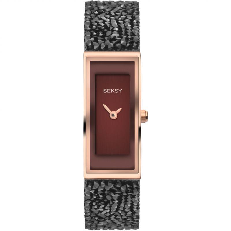 Seksy Rocks Ladies Bling Watch Rose Gold Case & Leather Bracelet With Red Dial 2576