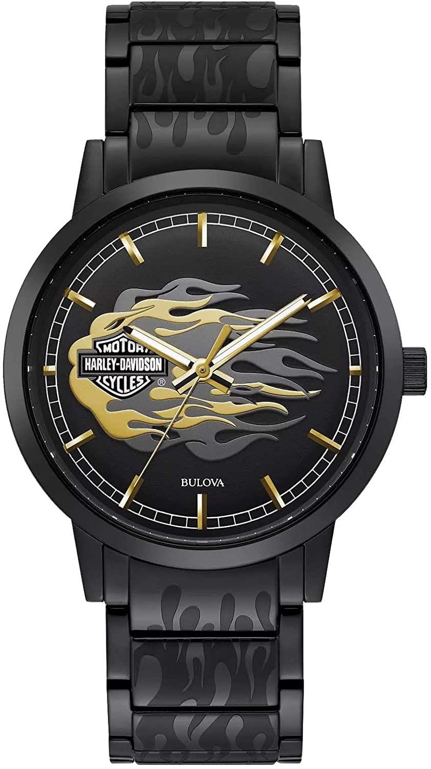 Harley-Davidson Men's Black Dial with a Gold Metallic Flame Design Watch 78A121