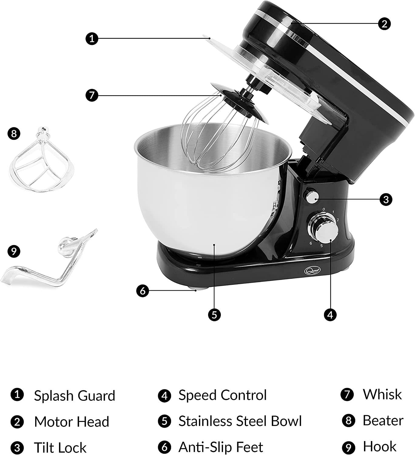 Quest 5L Stand Mixer - 1200W - Black (Carton of 1)