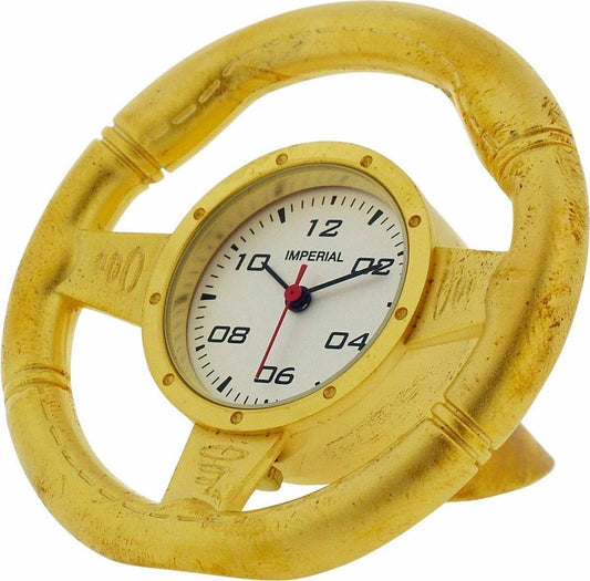 Miniature Clock Goldtone Metal Steering Wheel Solid Brass IMP1032 - CLEARANCE NEEDS RE-BATTERY