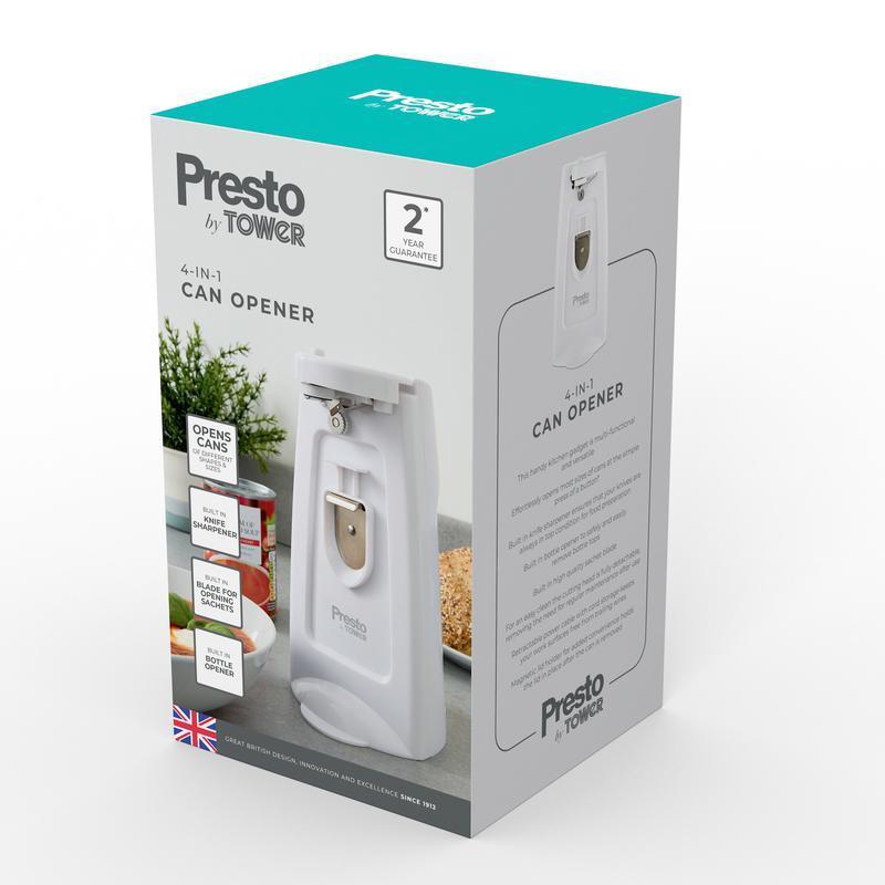 Tower Presto 4 in 1 Can Opener with Knife Sharpener and Bottle Opener White - PT19007WHT