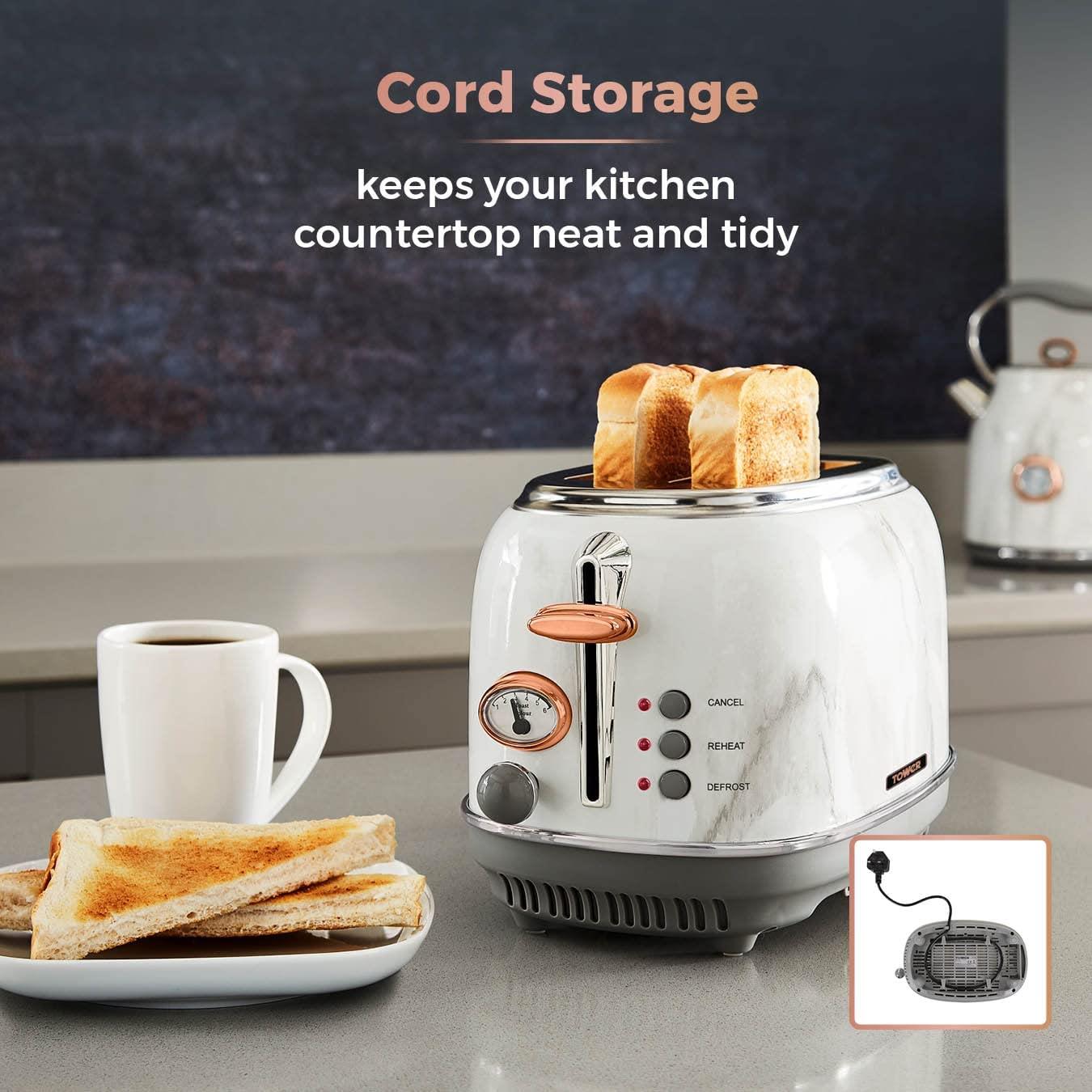 Tower 2 slice Stainless Steel Toaster with Adjustable Browning Control, Defrost and Reheat Settings, White Marble and Rose Gold- T20016wmrg