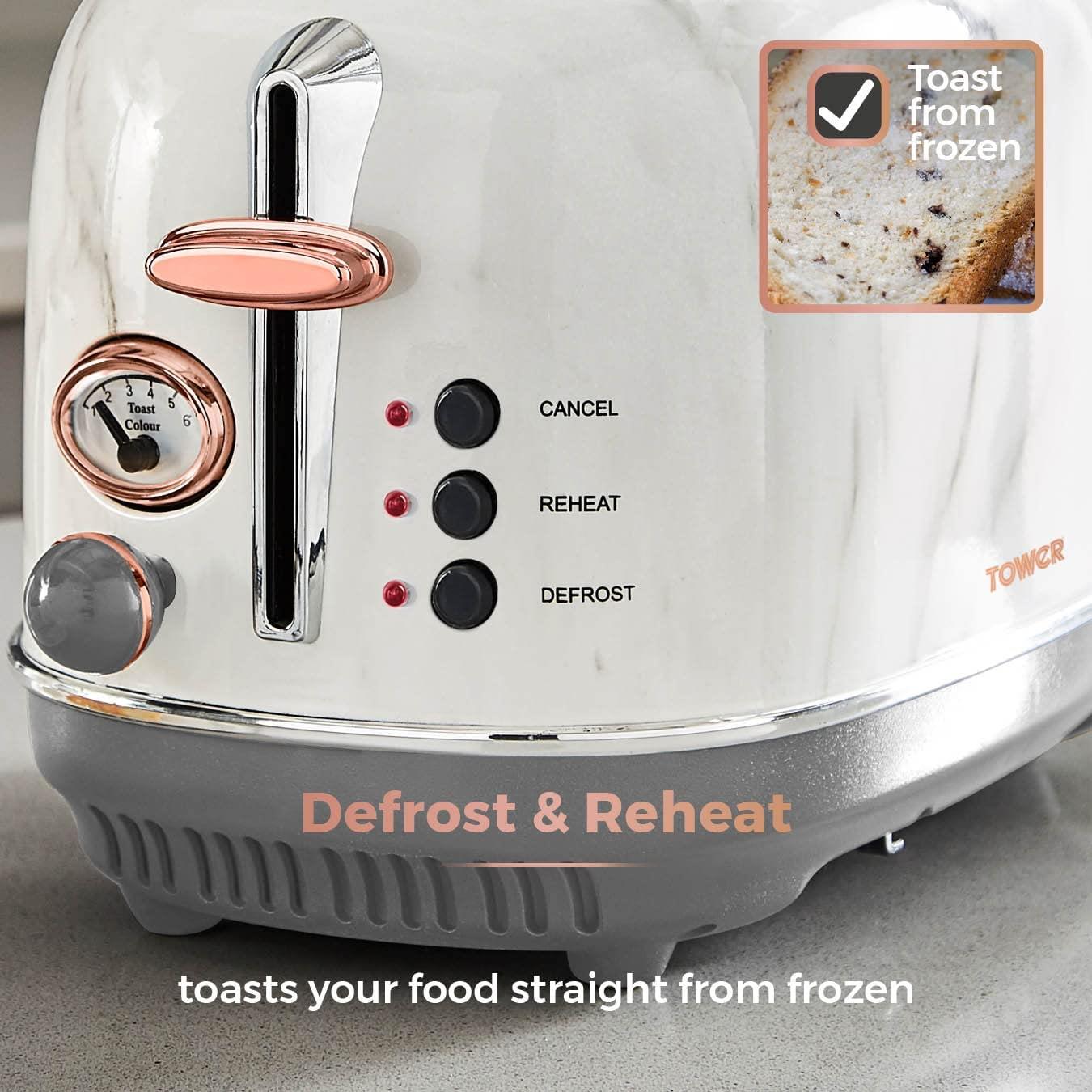 Tower 2 slice Stainless Steel Toaster with Adjustable Browning Control, Defrost and Reheat Settings, White Marble and Rose Gold- T20016wmrg