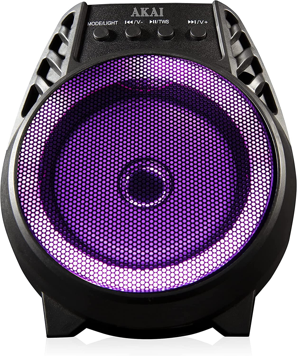AKAI A58168 Vibes 4 Inch LED Party Speaker, Bluetooth Connectivity, Wireless & Portable, 5W, Black