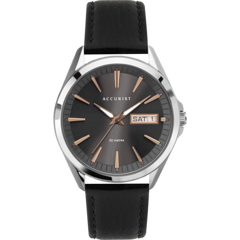 Accurist Mens Day/date Black Dial With Leather Strap Watch 7333