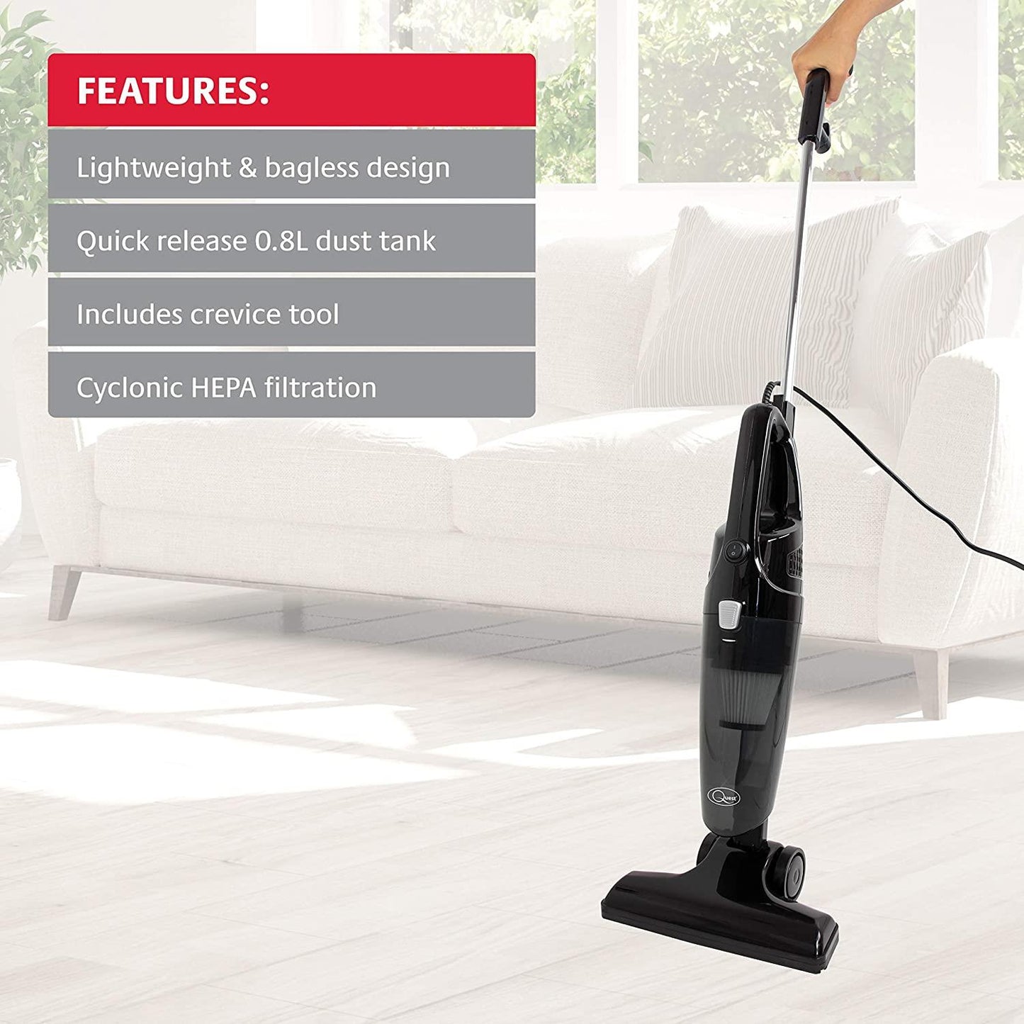 Quest 2-in-1 Upright and Handheld Lightweight Bagless Vacuum Cleaner Black, 600 W- 44839