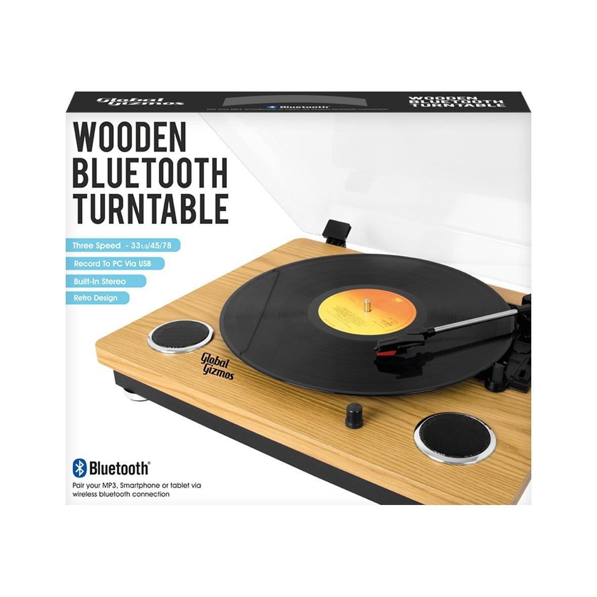 Global Gizmos Wooden Bluetooth Turntable with Built-In Speakers and MP3 Transfer
