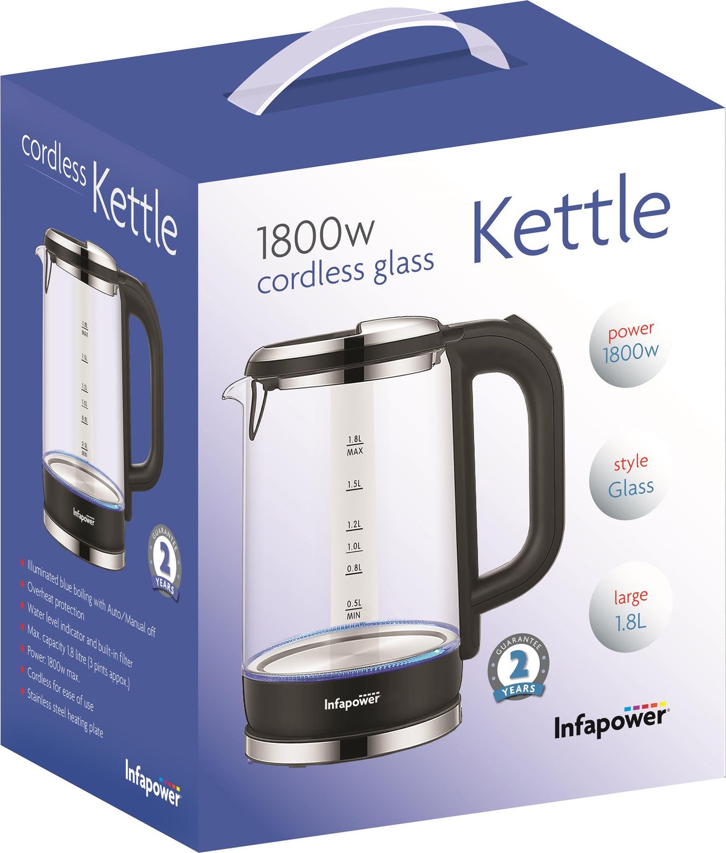 Infapower Glass 1800w 1.7L 360° Cordless Kettle- X507