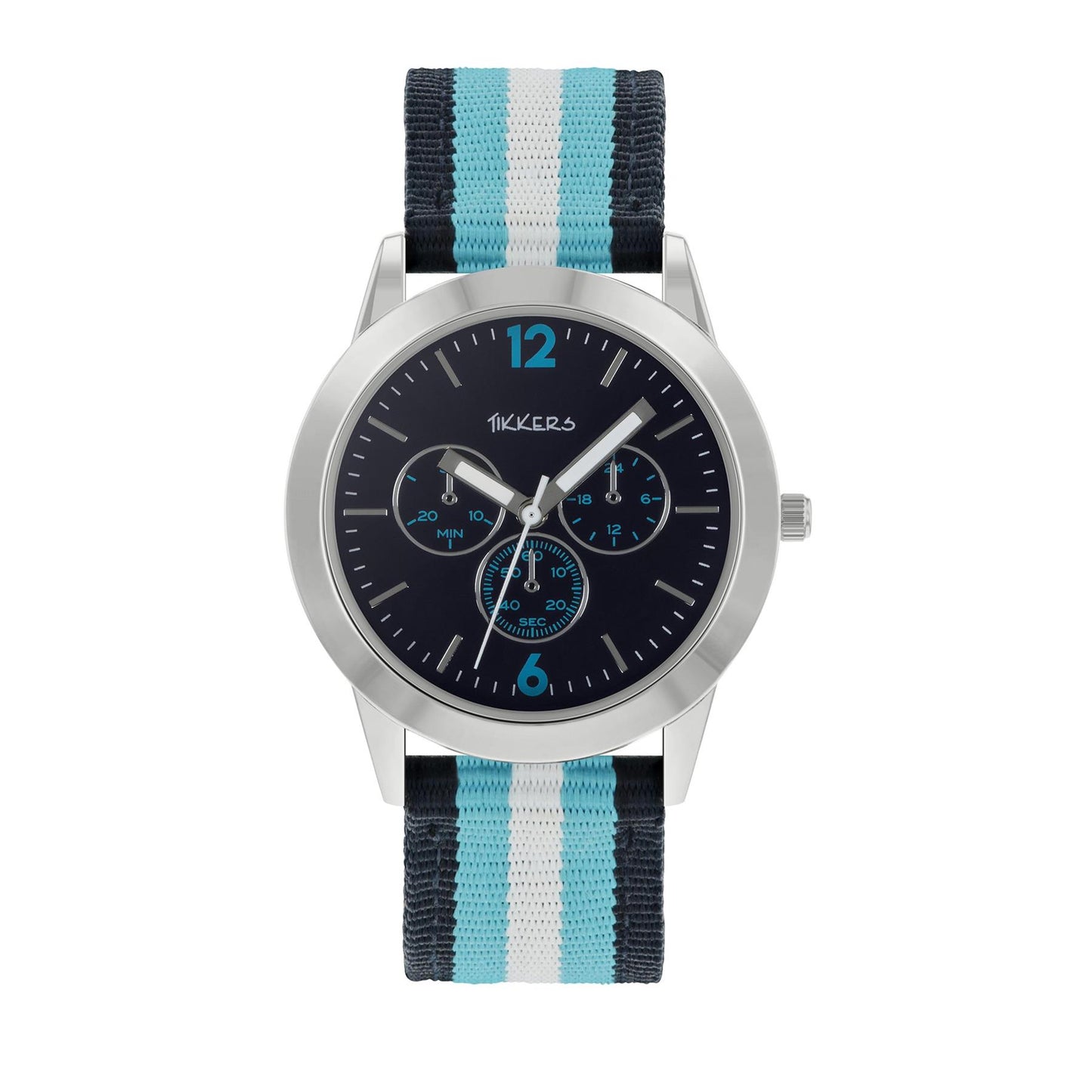 Tikkers Childrens Quartz Stainless Steel Blue & White Stripe Nylon Strap Watch TK0192