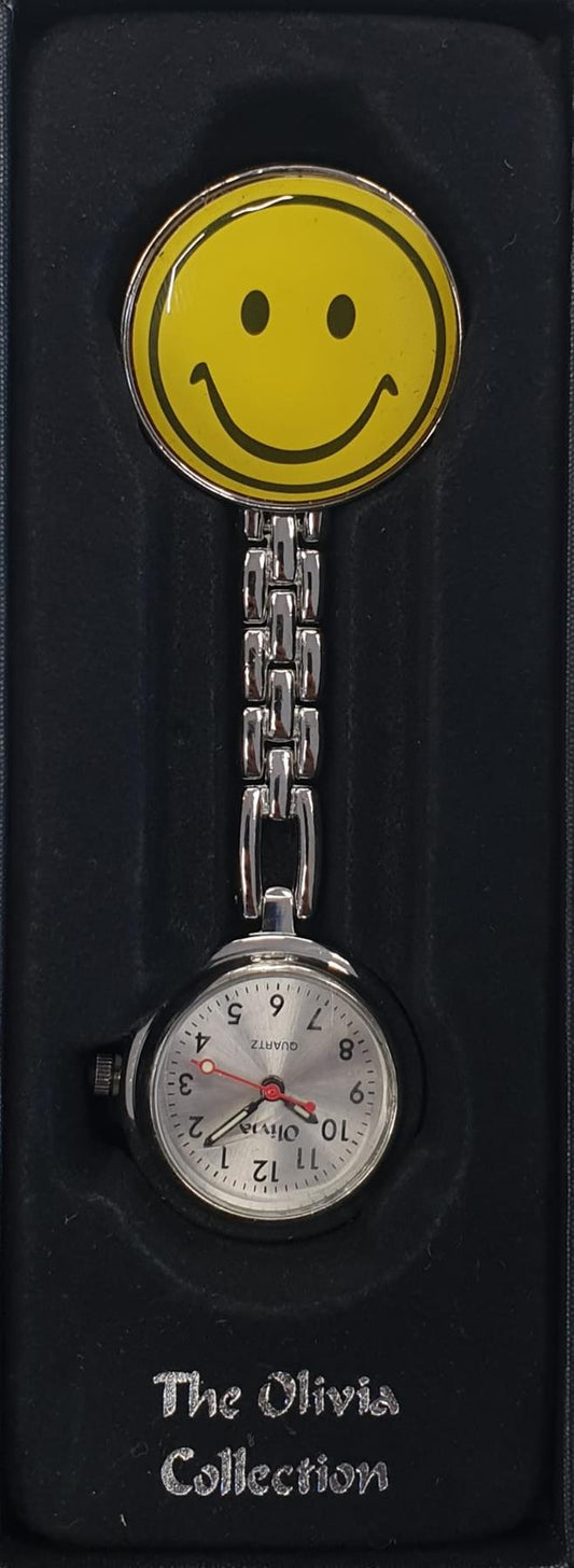 The Olivia Silver Metal Nurses Clip-On FOB Watch With Yellow Smiley Face TOC56 NEEDS BATTERY