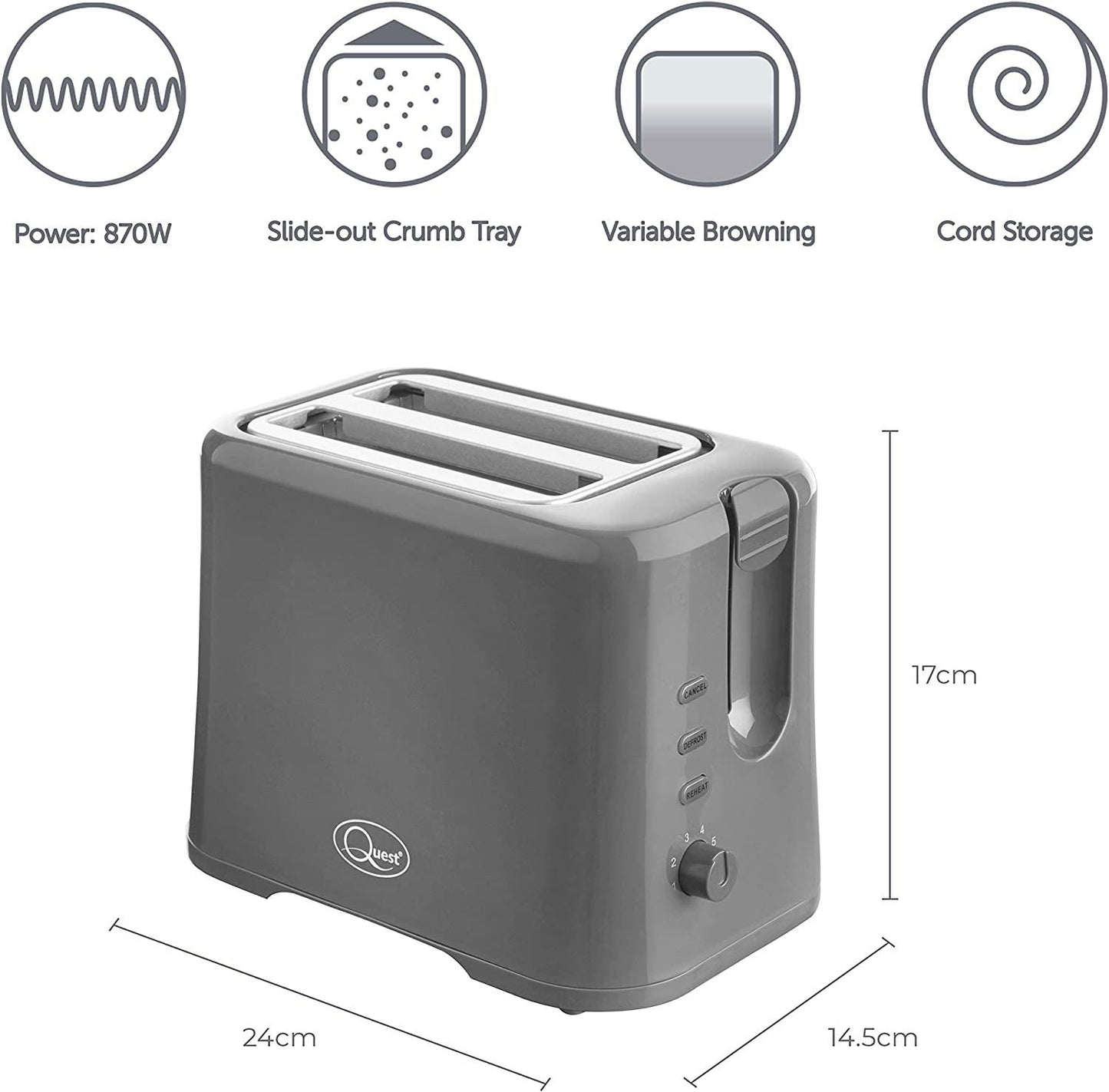 Quest 2-Slice Toaster - Grey (Carton of 8)