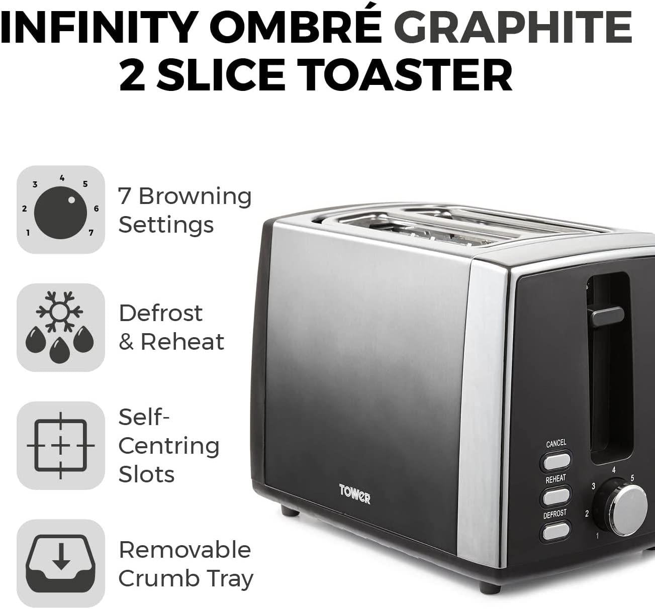 Tower Infinity Ombre Graphite 900W 2 Slice Toaster Graphite- T20038GRP