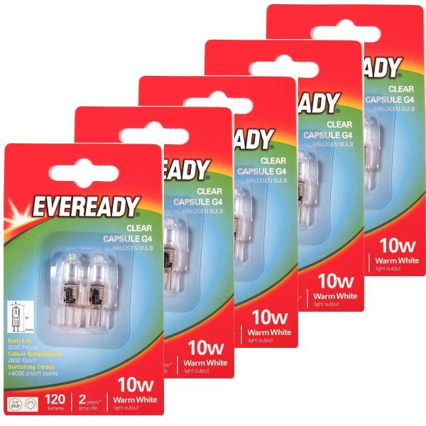 EVEREADY G4 10W Halogen Capsule Bulb CLEAR 120 Lumens 12V Lamp Pack of 10