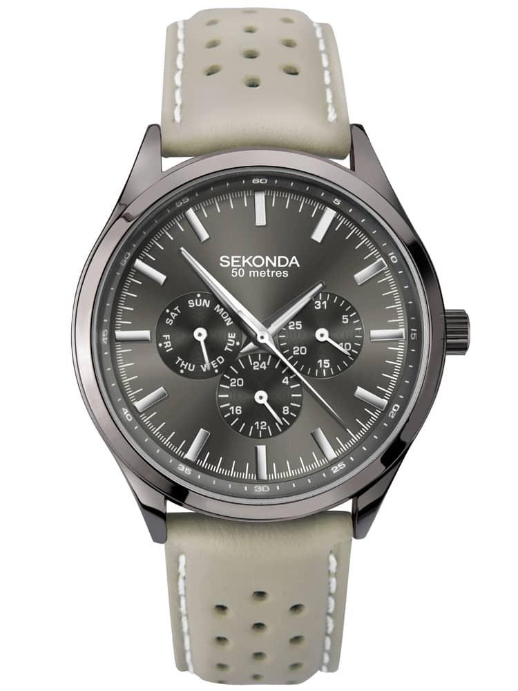 Sekonda Mens Grey Dial Multi-Function Leather Strap Dress Watch 1694