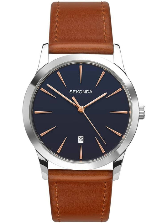 Sekonda Mens Basic Dated Silver Case Black Dial Brown Leather Strap Watch - 1559