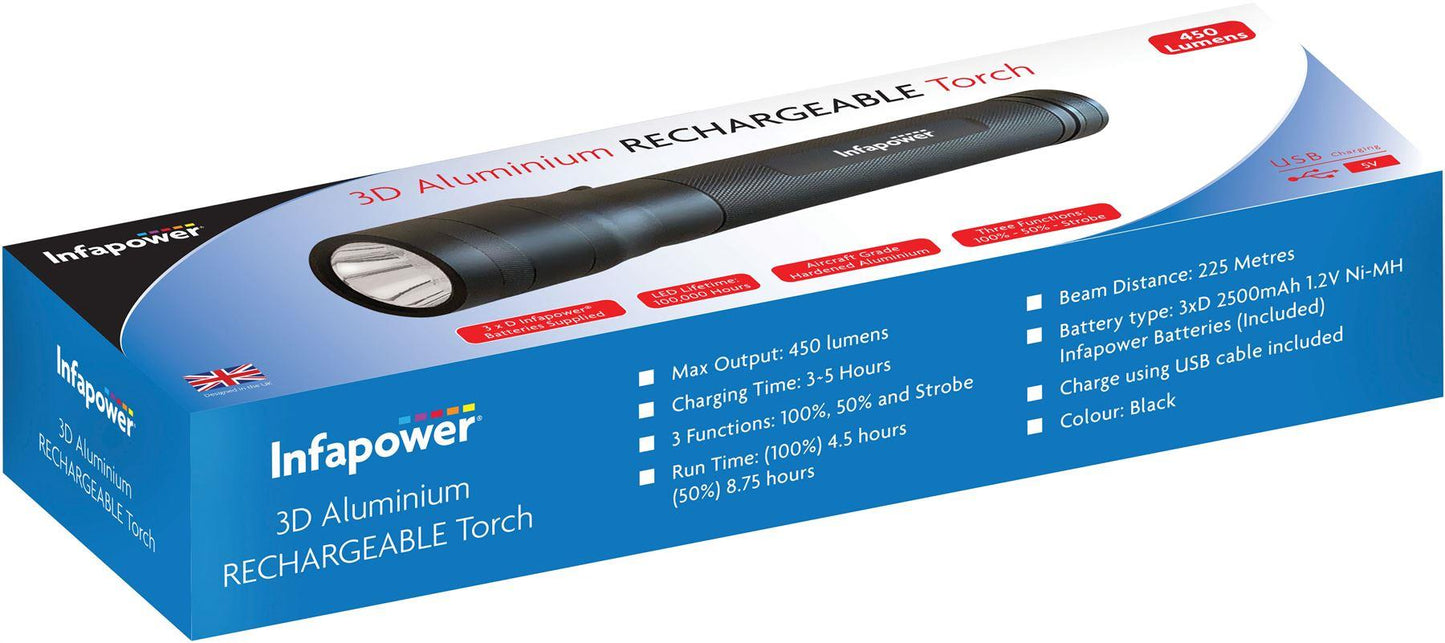 Infapower 3xD Aluminium Rechargeable torch 450 Lumens USB Charging
